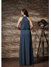 High Neck Pewter Chiffon Keyhole Back Bridesmaid Dress